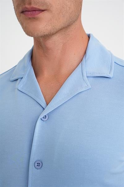 Slim Fit Apaş Yaka Modal Karışımlı Kısa Kol Mavi Gömlek G 1590