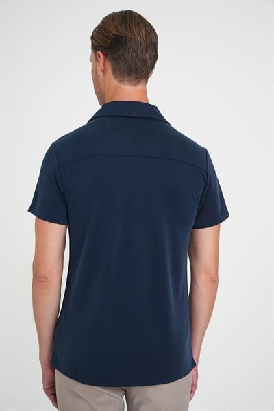 Slim Fit Apaş Yaka Modal Karışımlı Kısa Kol Lacivert Gömlek G 1590