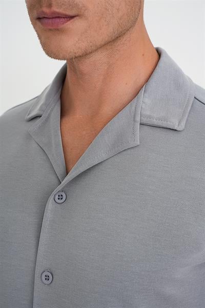 Slim Fit Apaş Yaka Modal Karışımlı Kısa Kol Gri Gömlek G 1590