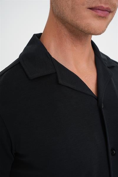 Slim Fit Apaş Yaka Modal Karışımlı Kısa Kol Siyah Gömlek G 1590