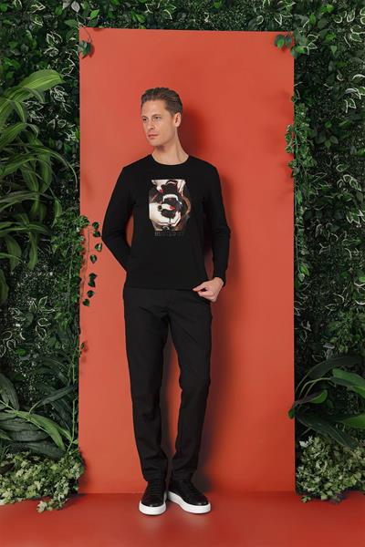 Slim Fit Baskılı Bisiklet Yaka Esnek Pamuk Siyah Tişört Ts 867