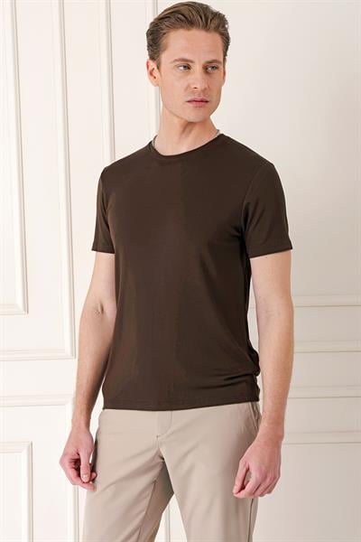Slim Fit Bisiklet Yaka Düz Pamuklu Kahverengi Tişört Ts 823