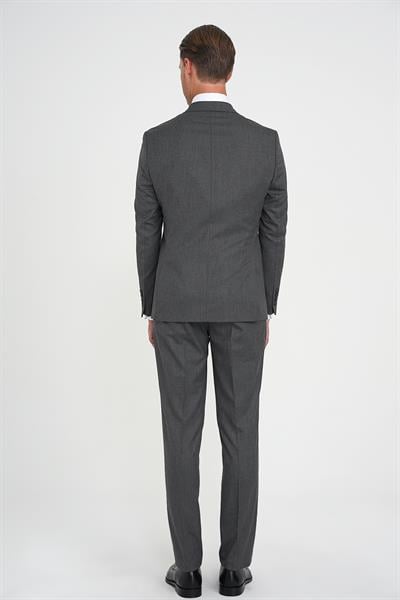 Slim Fit Çift Yırtmaç Balıksırtı Desenli Yelekli Füme Takım Elbise Tk 923