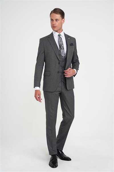 Slim Fit Çift Yırtmaç Balıksırtı Desenli Yelekli Füme Takım Elbise Tk 923