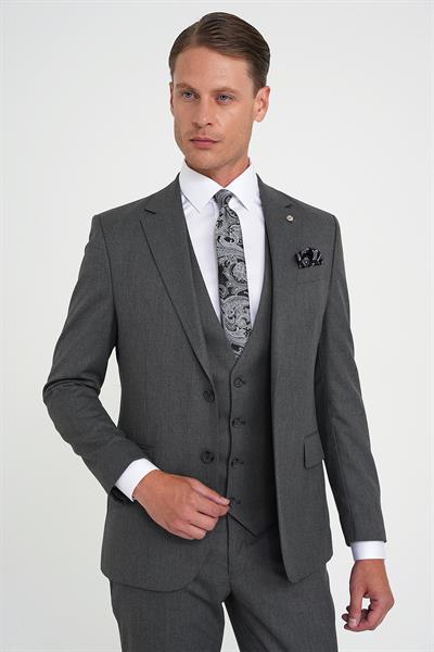 Slim Fit Çift Yırtmaç Balıksırtı Desenli Yelekli Füme Takım Elbise Tk 923