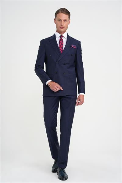 Slim Fit Çift Yırtmaç Çizgili Kruvaze Klasik Lacivert Takım Elbise Tk 925