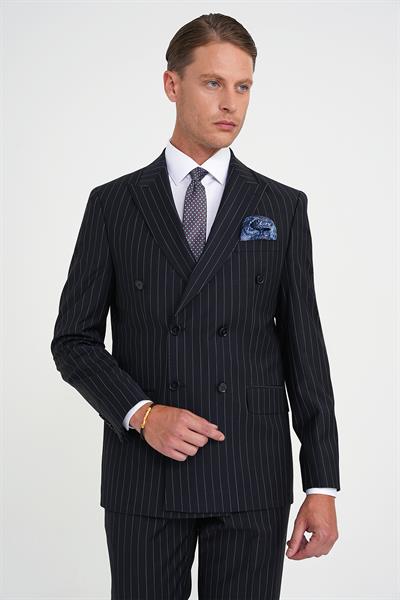 Slim Fit Çift Yırtmaç Çizgili Kruvaze Klasik Koyu Lacivert Takım Elbise Tk 925