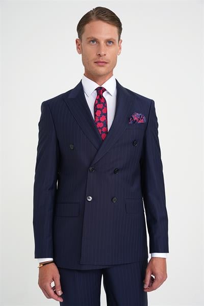 Slim Fit Çift Yırtmaç Çizgili Kruvaze Klasik Lacivert Takım Elbise Tk 925