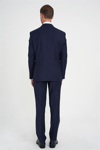 Slim Fit Çift Yırtmaç Çizgili Kruvaze Klasik Lacivert Takım Elbise Tk 925