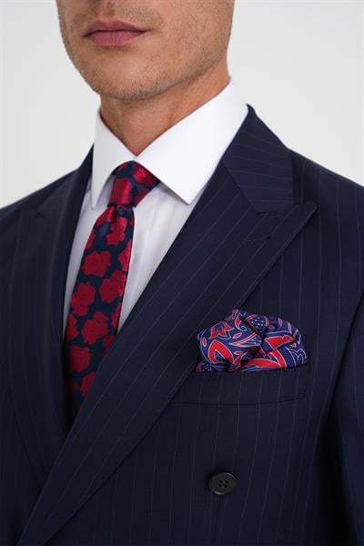 Slim Fit Çift Yırtmaç Çizgili Kruvaze Klasik Lacivert Takım Elbise Tk 925
