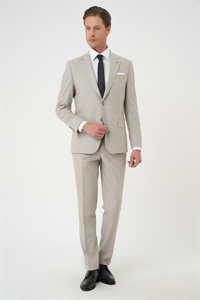 Slim Fit Çift Yırtmaç Dokulu Esnek Klasik Bej Takım Elbise Tk 915