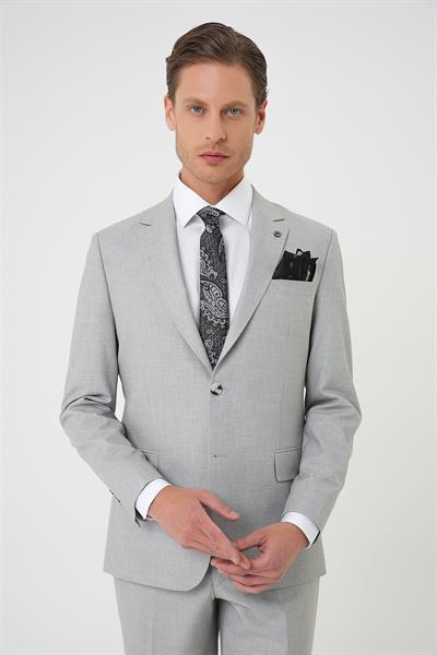 Slim Fit Çift Yırtmaç Dokulu Esnek Klasik Gri Takım Elbise Tk 915