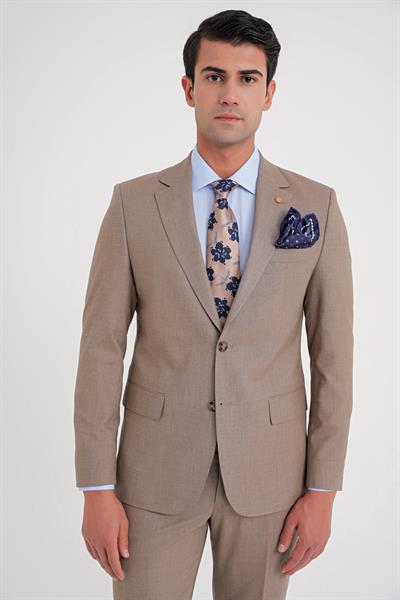 Slim Fit Çift Yırtmaç Esnek Yün Vizon Takım Elbise Tk 918