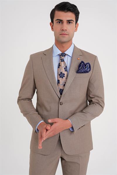 Slim Fit Çift Yırtmaç Esnek Yün Vizon Takım Elbise Tk 918