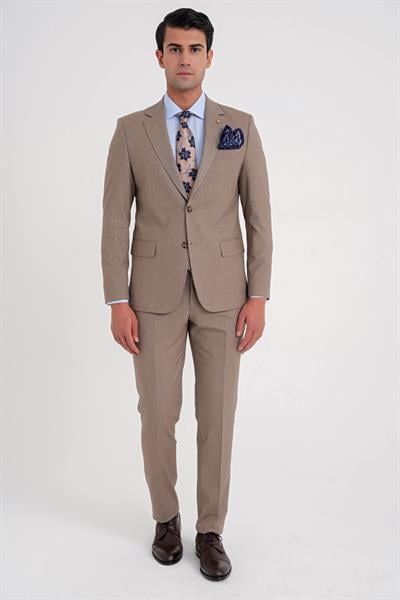 Slim Fit Çift Yırtmaç Esnek Yün Vizon Takım Elbise Tk 918