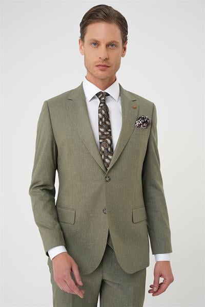 Slim Fit Çift Yırtmaç Keten Karışımlı Yelekli Klasik Haki Takım Elbise  Tk 914
