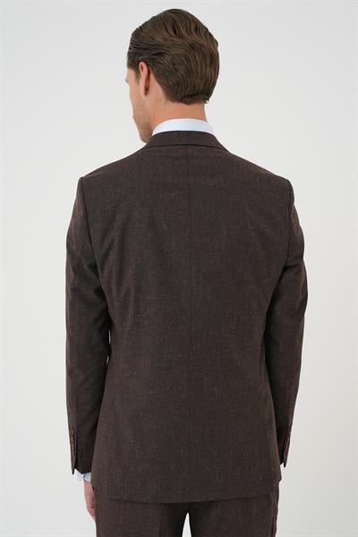 Slim Fit Çift Yırtmaç Keten Karışımlı Yelekli Klasik Kahve Takım Elbise  Tk 914