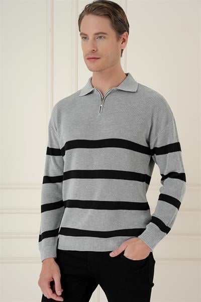Slim Fit Çizgili Fermuarlı Polo Yaka Gri Triko Kazak TR 877