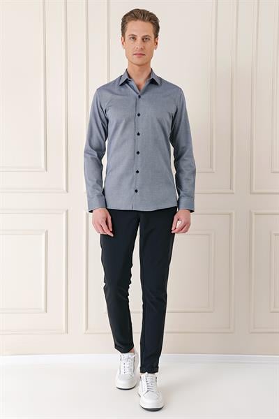 Slim Fit Dokulu %100 Pamuk Klasik Lacivert Gömlek Gk 725