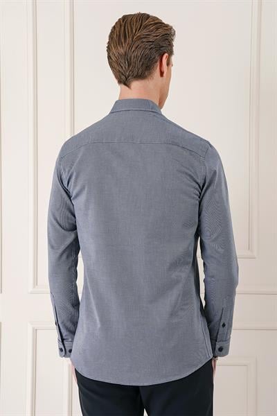 Slim Fit Dokulu %100 Pamuk Klasik Lacivert Gömlek Gk 725