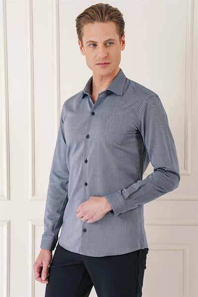 Slim Fit Dokulu %100 Pamuk Klasik Lacivert Gömlek Gk 725