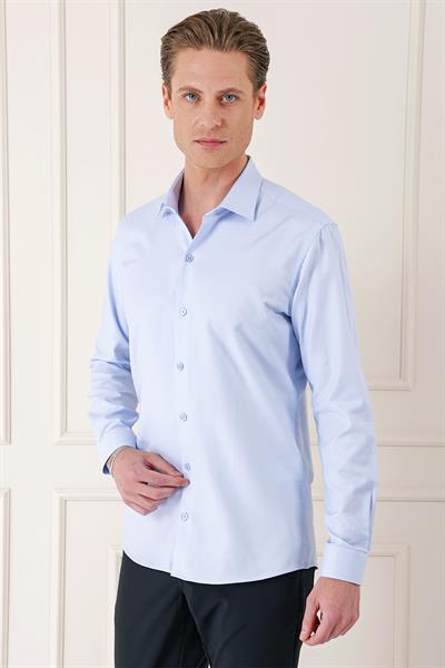 Slim Fit Dokulu %100 Pamuk Klasik Mavi Gömlek Gk 725