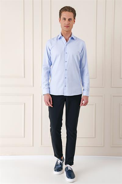 Slim Fit Dokulu %100 Pamuk Klasik Mavi Gömlek Gk 725