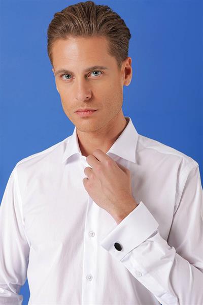 Slim Fit Duble Manşet %100 Pamuk Klasik Beyaz Gömlek Gk 682
