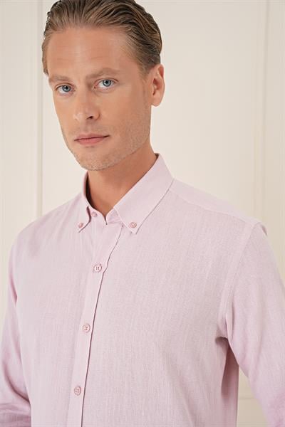 Slim Fit Düğmeli Yaka %100 Pamuk Klasik Pudra Gömlek Gk 723
