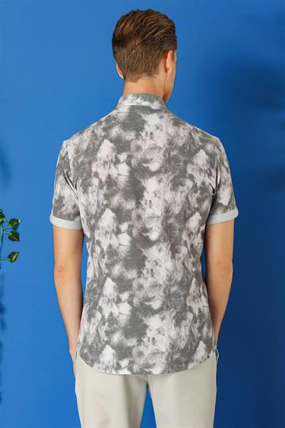 Slim Fit Düğmeli Yaka Batik Desenli Kısa Kol Pamuk Gri Gömlek G 1502