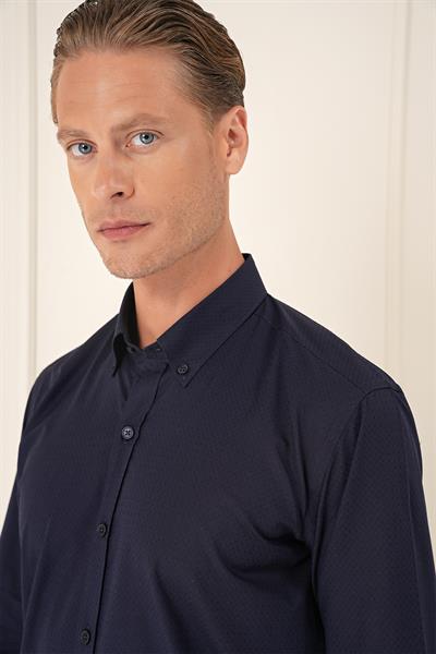 Slim Fit Düğmeli Yaka Dokulu %100 Pamuk Klasik Lacivert Gömlek Gk 726