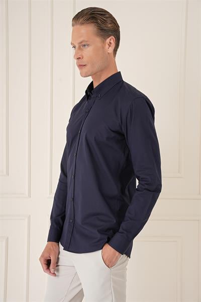 Slim Fit Düğmeli Yaka Dokulu %100 Pamuk Klasik Lacivert Gömlek Gk 726
