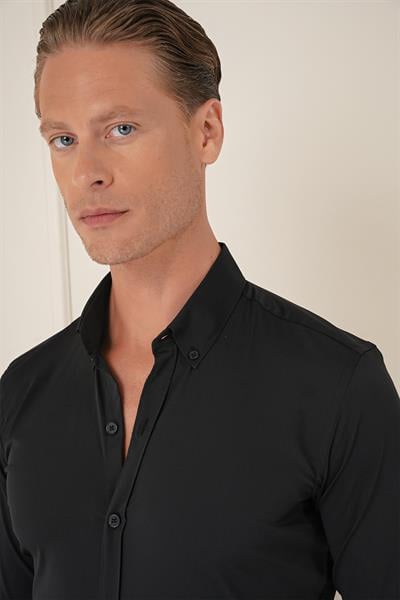 Slim Fit Düğmeli Yaka Esnek Pamuk Klasik Siyah Gömlek Gk 727