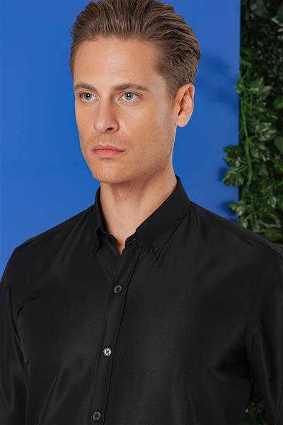 Slim Fit Düğmeli Yaka Pamuklu Klasik Siyah Gömlek Gk 715