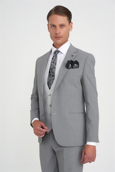 Slim Fit Fleto Cep Pötikare Desenli Yelekli Siyah Takım Elbise Tk 922