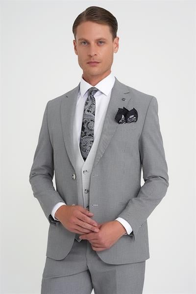 Slim Fit Fleto Cep Pötikare Desenli Yelekli Siyah Takım Elbise Tk 922