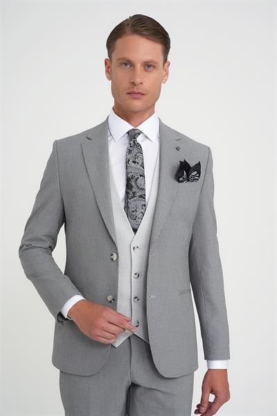Slim Fit Fleto Cep Pötikare Desenli Yelekli Siyah Takım Elbise Tk 922