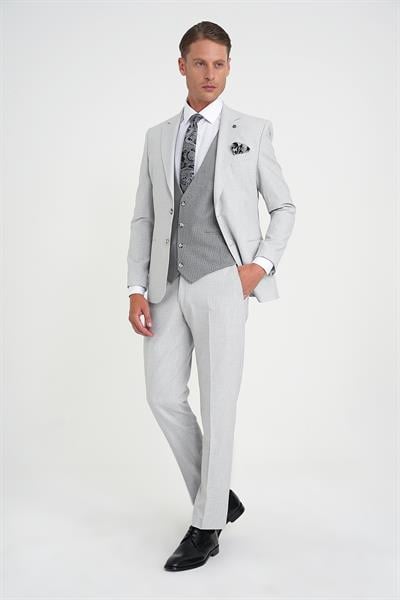 Slim Fit Fleto Cep Pötikare Desenli Yelekli Gri Takım Elbise Tk 922