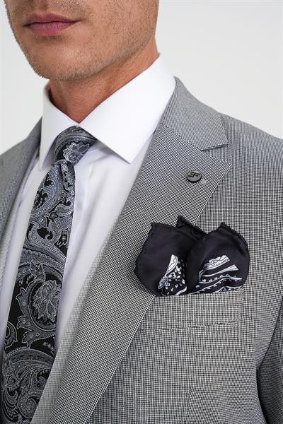 Slim Fit Fleto Cep Pötikare Desenli Yelekli Siyah Takım Elbise Tk 922