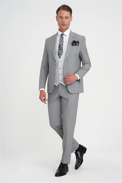 Slim Fit Fleto Cep Pötikare Desenli Yelekli Siyah Takım Elbise Tk 922