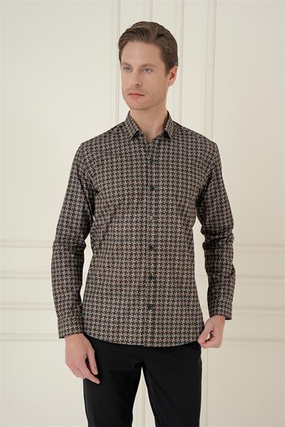 Slim Fit Kazayağı Desenli %100 Pamuk Casuel Kahve Gömlek G 1585
