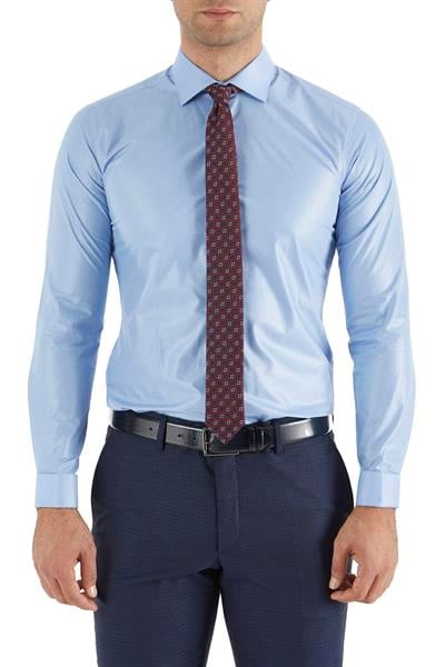 Slim Fit Pamuk Saten Duble Manşetli Klasik Mavi Gömlek  Gk 235