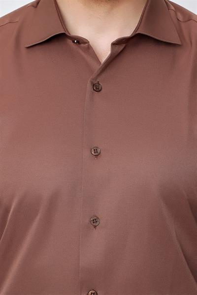 Slim Fit Pamuk Saten Klasik Açık Kahve Gömlek  Gk 604