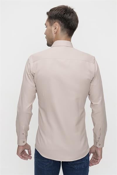 Slim Fit Pamuk Saten Klasik Bej Gömlek  Gk 624