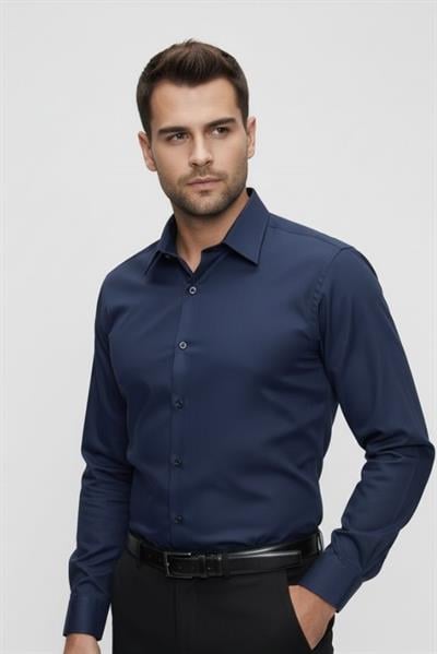 Slim Fit Pamuk Saten Klasik Lacivert Gömlek  Gk 624