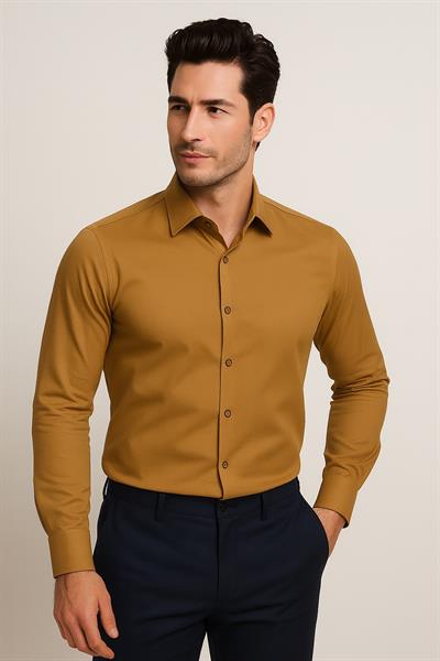 Slim Fit Pamuk Saten Klasik Taba Gömlek  Gk 624