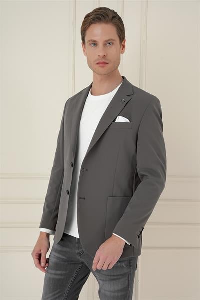 Slim Fit Torba Cep Esnek Spandex Karışımlı Düz Koyu Haki Blazer Ceket C 696