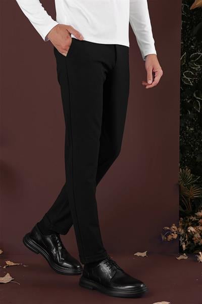 Slim Fit Yan Cepli Dokulu Esnek Casuel Siyah Pantolon P 1139