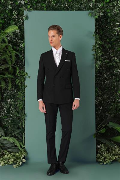 Tk 885 Slim Fit Yünlü Kruvaze Klasik Siyah Takım Elbise 