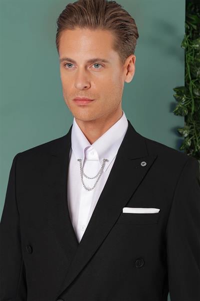 Tk 885 Slim Fit Yünlü Kruvaze Klasik Siyah Takım Elbise 